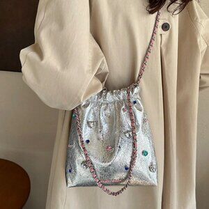 Silver Casual Women's Rhinestone Drawstring Shoulder Bag
